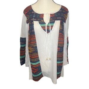 Anthropologie Olive Hill Aztec Print Tie Front Rayon Blouse Sz L Boho Peasant
